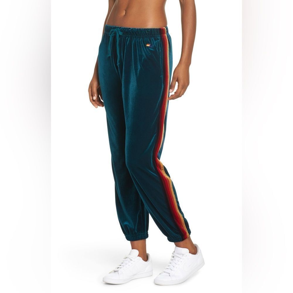 Aviator Nation Velvet Jogger Pants with Rainbow Side Stripe - Teal
